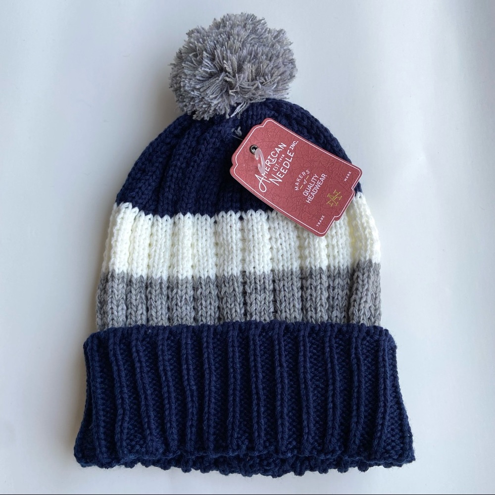 American Needle Navy Striped Knit Pompom Beanie OS